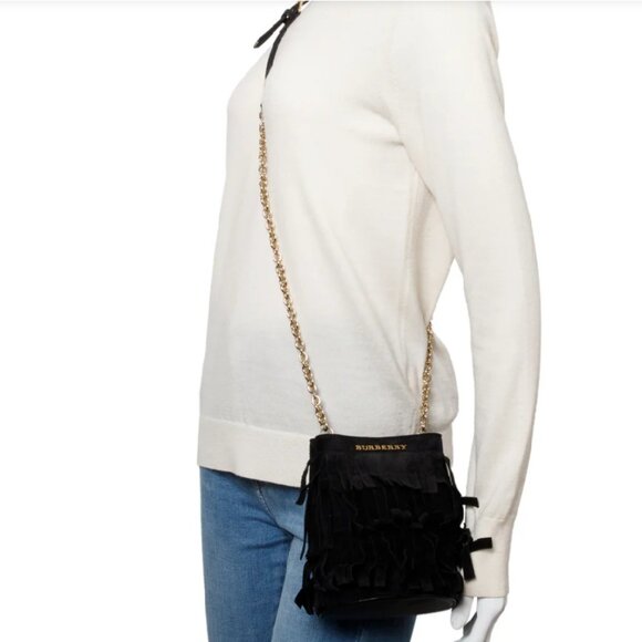 BURBERRY PROSUM BLACK SUEDE FRINGE CROSSBODY BAG - Picture 10 of 11